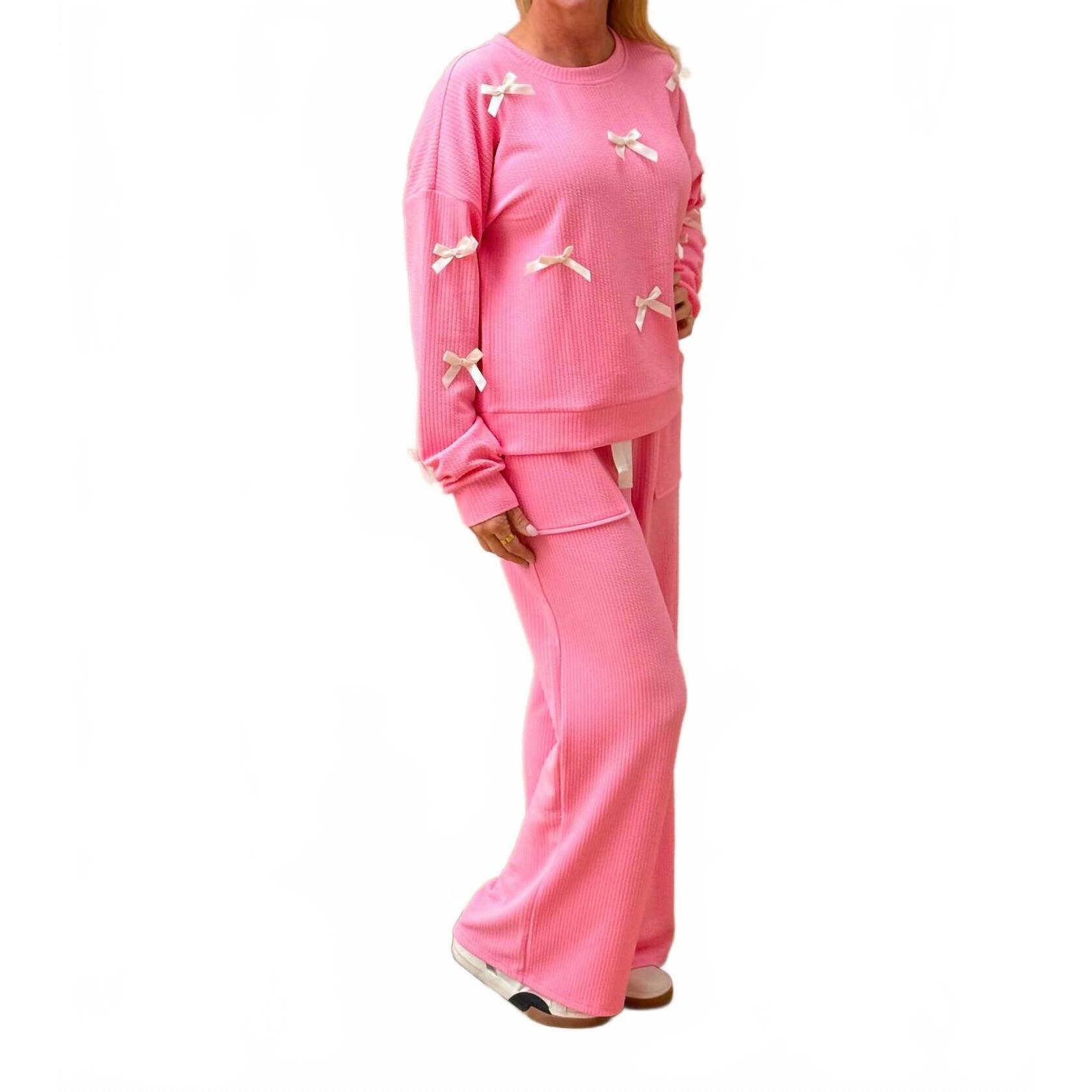 New Eesome Long Sleeve Bow Set Top In Pink